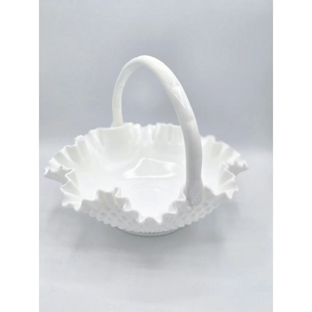 Vintage Fenton Milk Glass Hobnail‎ Basket - 12